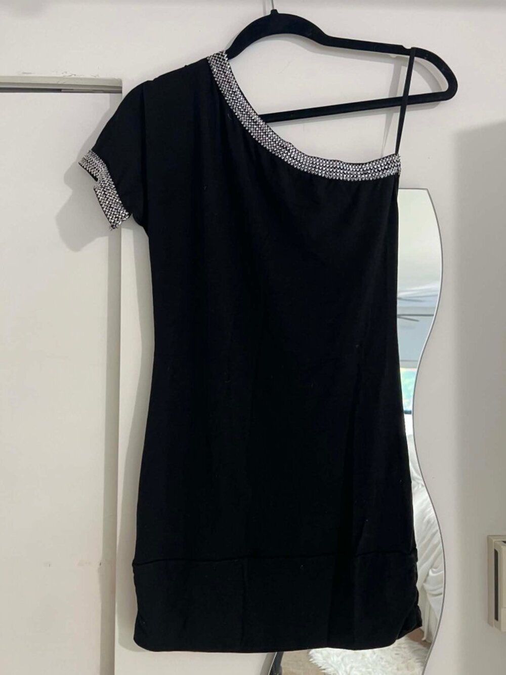 Vintage Y2K black one shoulder mini dress with silver detail, medium